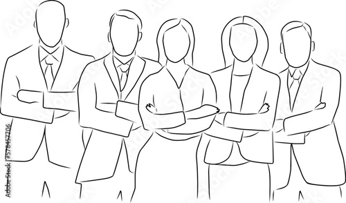 Business team, vector. Hand drawn sketch. The company of several people, men and women in business clothes.