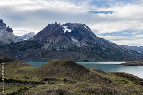 Impressive mountains and a lake with turquoise water at Torres del Paine National Park in Chile, Patagonia, South America