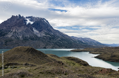 Impressive mountains and a lake with turquoise water at Torres del Paine National Park in Chile, Patagonia, South America