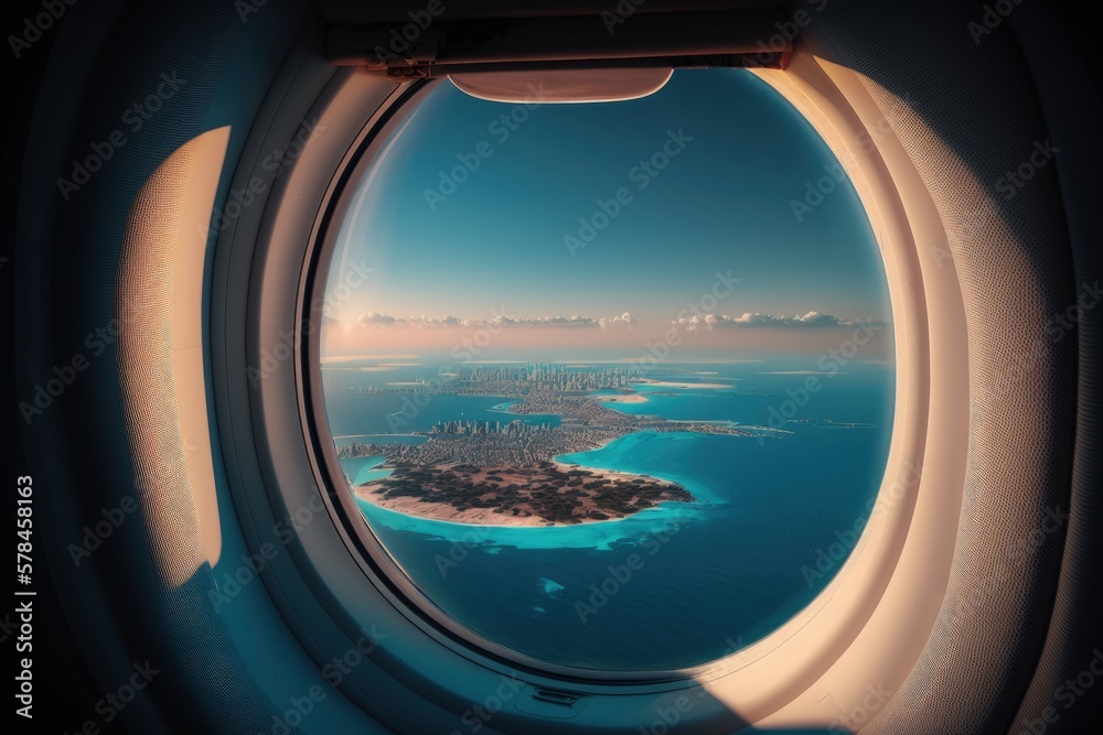 Airplane window close up, Looking at city and sea through airplane window, Generative AI Airplane window close up, Looking at city and sea through airplane window, Generative AI