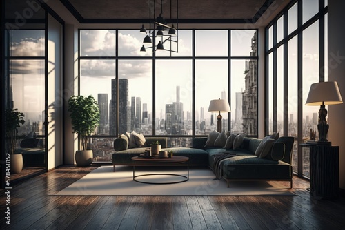 Luxury penthouse living room interior with large glass windows overlooking city buildings, Generative AI © Kaleb