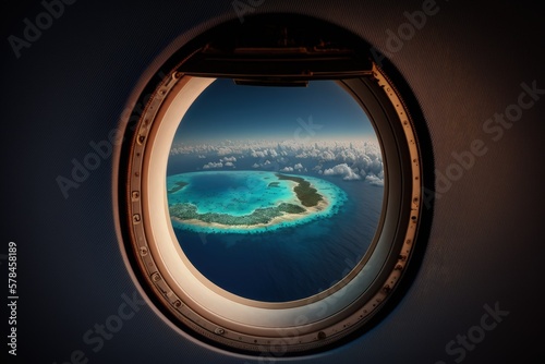Airplane window close up, Looking at tropical island through airplane window, Generative AI © Kaleb