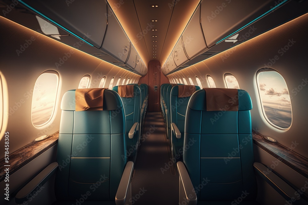 Fototapeta premium Modern commercial airplane aisle with armchairs and windows, Generative AI