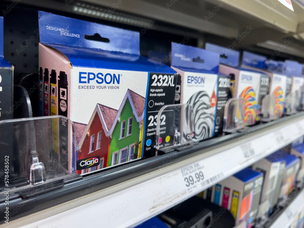 Lynnwood, WA USA - circa February 2023: Selective focus on Epson printer ink  for sale inside a Target retail store. Stock Photo | Adobe Stock