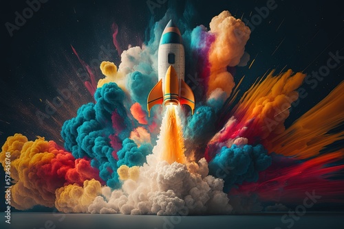 Rocket taking off and releasing abstract colorful smoke, Generative AI