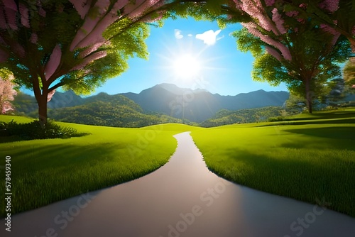 Landscape path between the sakuras trees, generative AI