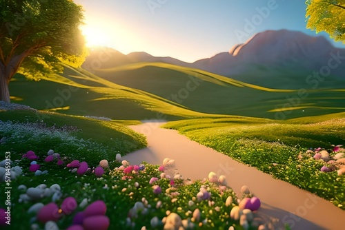 sunset in the mountains with flowers and easter eggs, generative AI
