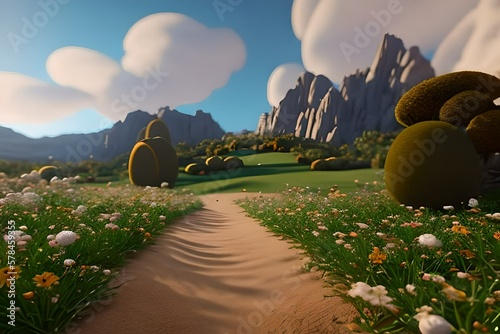 Landscape path to the mountains withe flowers, generative AI