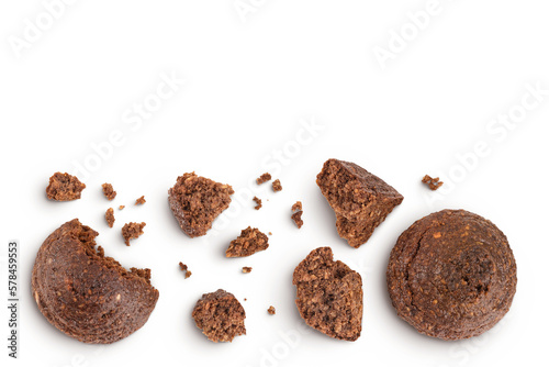 chocolate cookie with kerob and nuts isolated on white background. Healthy food, gluten-free, flour-free. Top view with copy space for your text photo