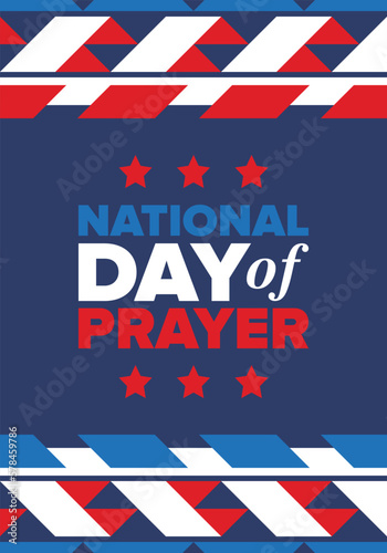 National Day of Prayer in United States. First Thursday of May. Annual day when Americans turn to God in prayer and meditation. Poster, card, banner and background. Vector illustration