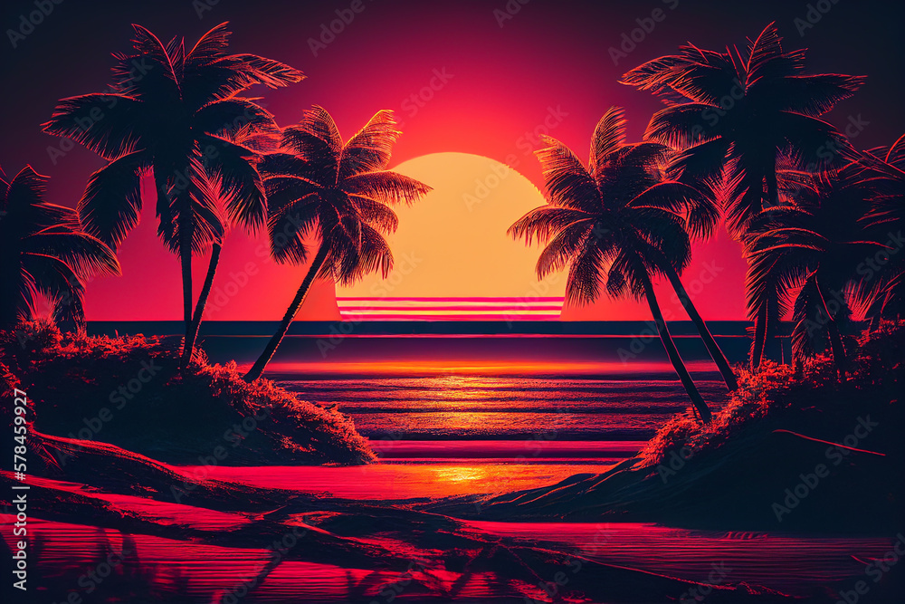 Palms beach on sunset design illustration. Sunset on Beach with Palm Tree at sea, vacation holiday design. Miami beach with Palm tree on sunset, Ai Generated Illustration.