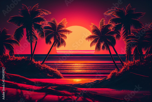 Palms beach on sunset design illustration. Sunset on Beach with Palm Tree at sea  vacation holiday design. Miami beach with Palm tree on sunset  Ai Generated Illustration.
