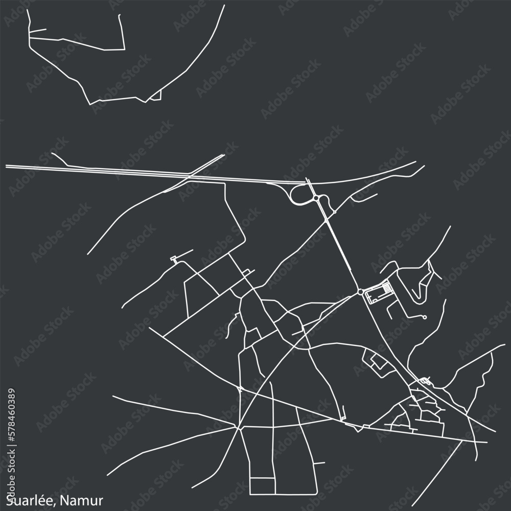 Detailed hand-drawn navigational urban street roads map of the SUARLÉE DISTRICT of the Belgian city of NAMUR, Belgium with vivid road lines and name tag on solid background