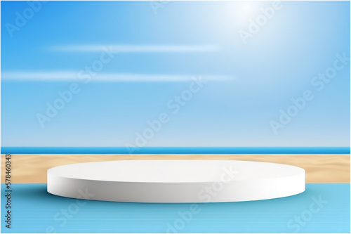 Empty Modern White Color Table for Pedestal Product Display Summer Beach with Blue Sea and Sky Banner Background - Post-processed Generative AI
