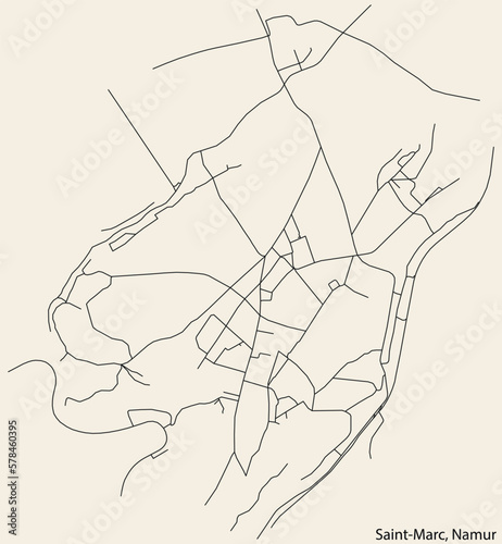 Detailed hand-drawn navigational urban street roads map of the SAINT-MARC DISTRICT of the Belgian city of NAMUR  Belgium with vivid road lines and name tag on solid background