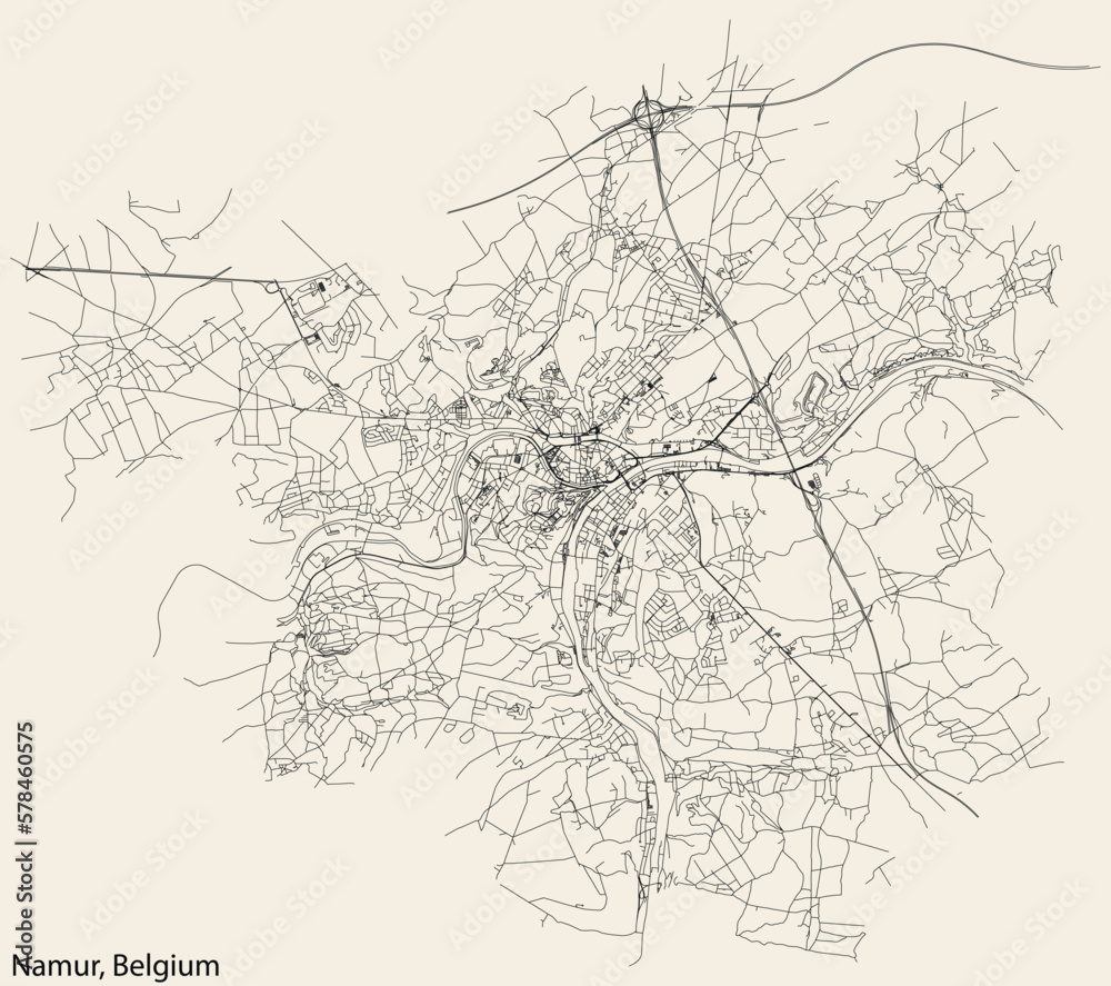 Detailed hand-drawn navigational urban street roads map of the Belgian city of NAMUR, BELGIUM with solid road lines and name tag on vintage background
