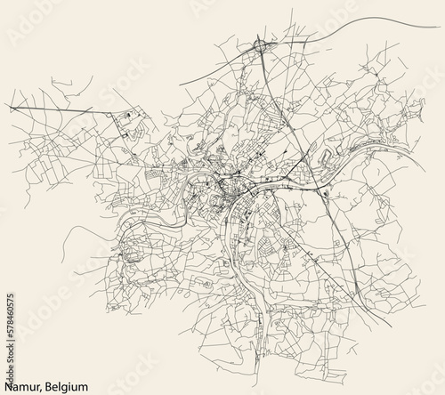 Detailed hand-drawn navigational urban street roads map of the Belgian city of NAMUR, BELGIUM with solid road lines and name tag on vintage background