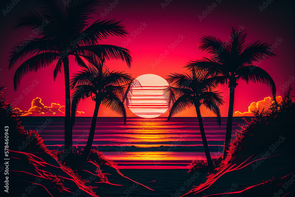 Palms beach on sunset design illustration. Sunset on Beach with Palm Tree at sea, vacation holiday design. Miami beach with Palm tree on sunset, Ai Generated Illustration.