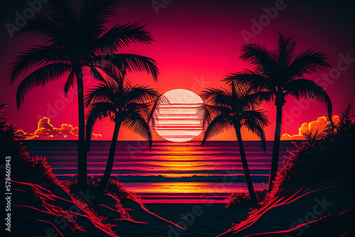 Palms beach on sunset design illustration. Sunset on Beach with Palm Tree at sea, vacation holiday design. Miami beach with Palm tree on sunset, Ai Generated Illustration. © MaxSafaniuk