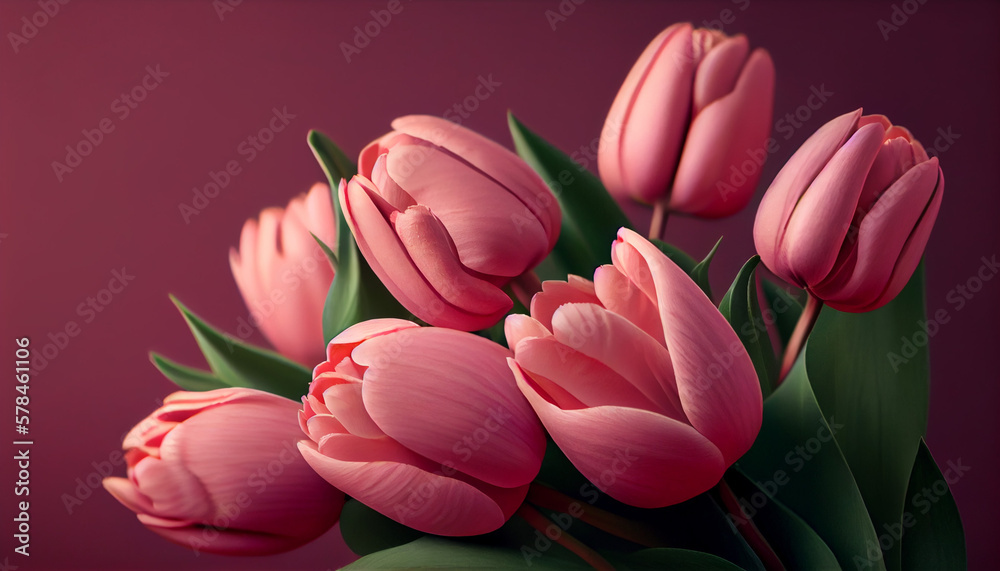 Bouquet of pink tulips on pink background. Created with Generative AI technology Bouquet of pink tulips on pink background. Created with Generative AI technology