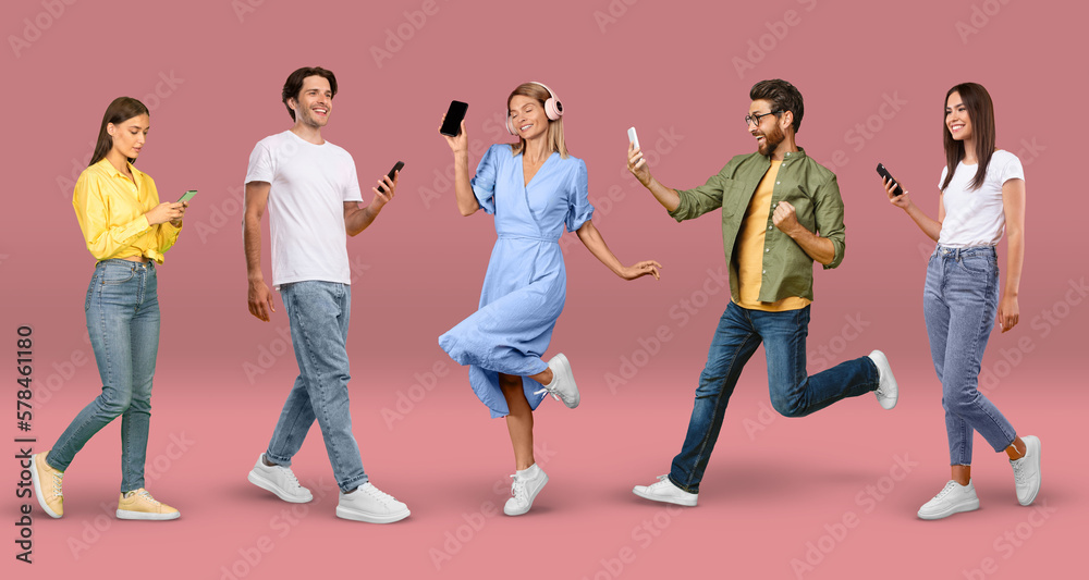 Obraz premium Happy adult and millennial diverse men and women in casual chatting on smartphone, dancing, have fun