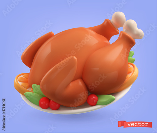 Roast turkey 3d cartoon vector icon