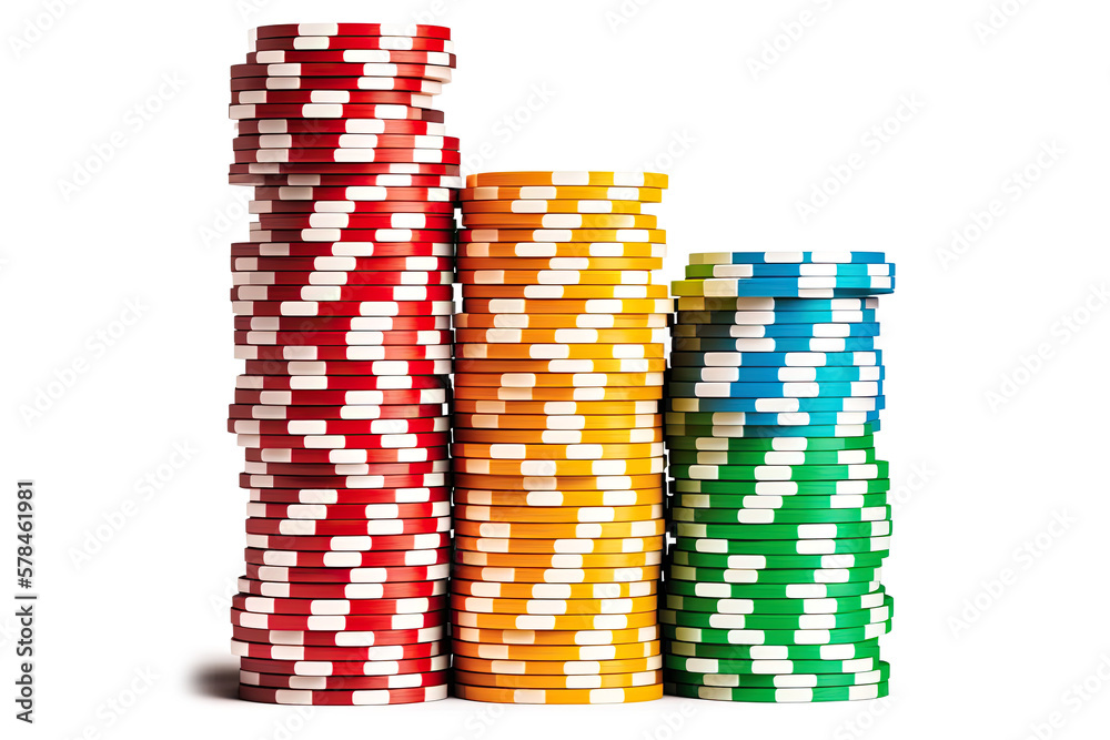 Fototapeta premium Stacks of Colored Poker Chips Isolated on White Background - Post-processed Generative AI