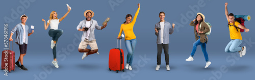 Joyful multiracial young people tourists jumping up on blue, collage photo