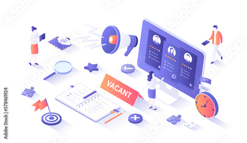 Recruitment Process. Human Resource Management and Hiring concept. Choosing the best candidate, search for a new employee. Isometry illustration with people scene for web graphic.