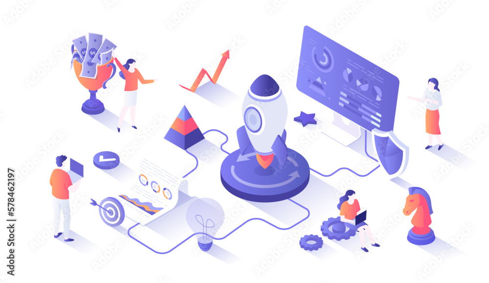 Project Startup. Preparing to launch a new successful project. Idea, analysis, planning, strategy and success. Isometry illustration with people scene for web graphic. Project Startup. Preparing to launch a new successful project. Idea, analysis, planning, strategy and success. Isometry illustration with people scene for web graphic.