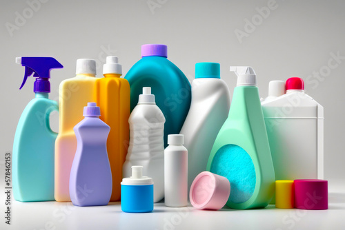 Household chemicals bottles. Created with Generative AI technology.