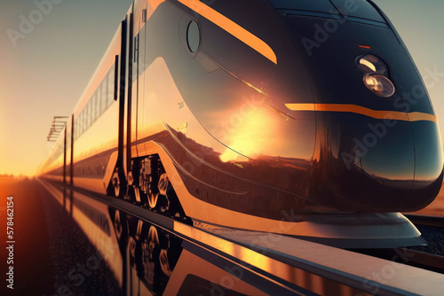 High-speed modern train motion at sunset. Created with Generative AI technology. photo