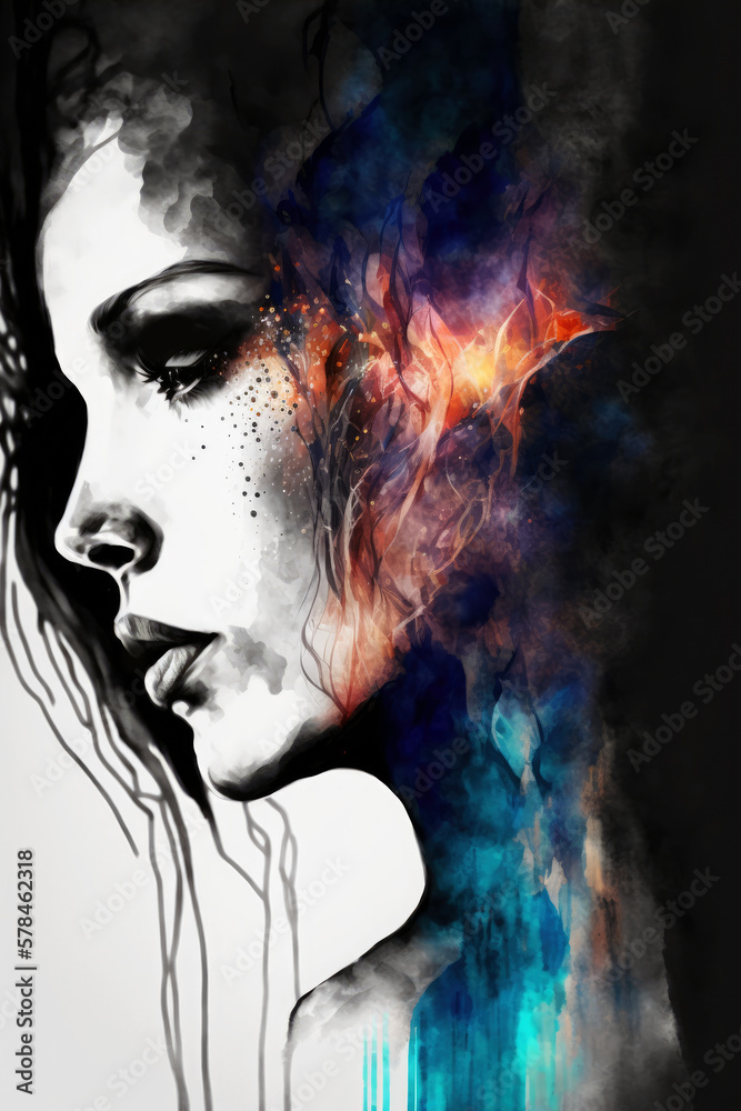 Abstract Woman Face Watercolor Illustration - Generative AI