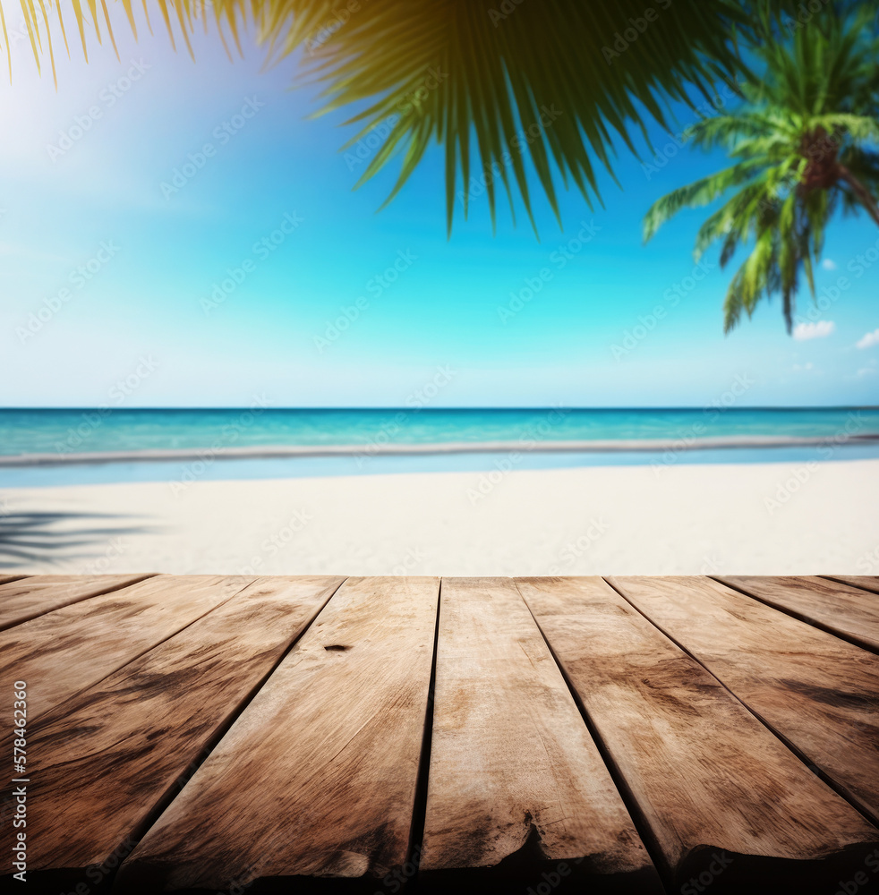 Empty Wooden Planks with Blur Beach on Background Can Be Used for Product Placement Palm Leaves on Foreground Empty Wooden Planks with Blur Beach on Background Can Be Used for Product Placement Palm Leaves on Foreground