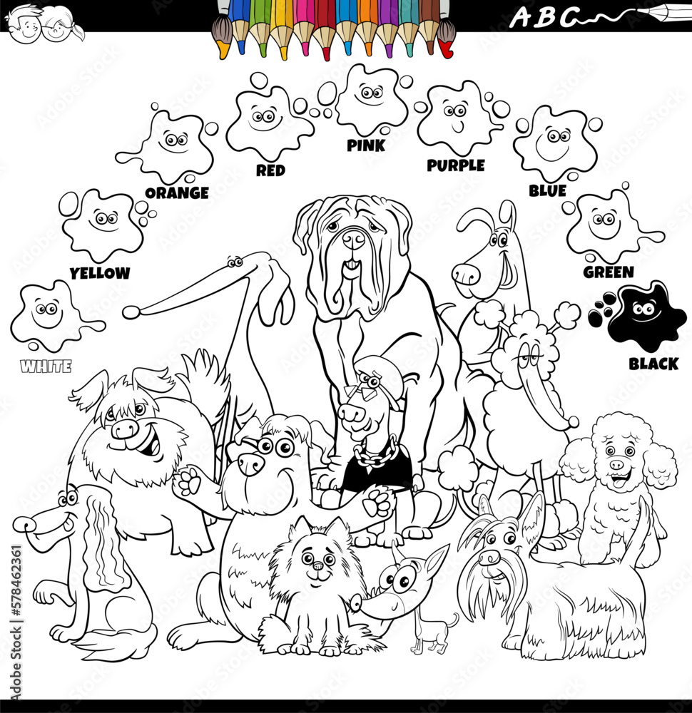basic colors with cartoon dogs coloring page