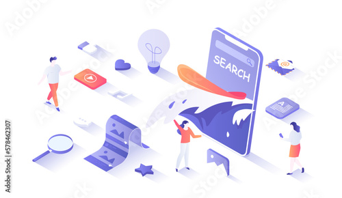 Internet surfing, Online search. Web chat, social media, online education, messenger communication, freelance work, business, news. Isometry illustration with people scene for web graphic.