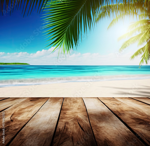 Empty Wooden Planks with Blur Beach on Background Can Be Used for Product Placement Palm Leaves on Foreground