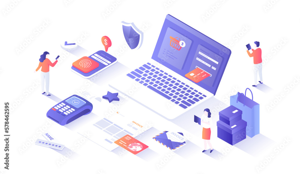 Online Payment. Paying bill, invoice, shopping online, e-commerce market. Сredit card transaction, money transfer with laptop. Isometry illustration with people scene for web graphic. - obrazy, fototapety, plakaty 