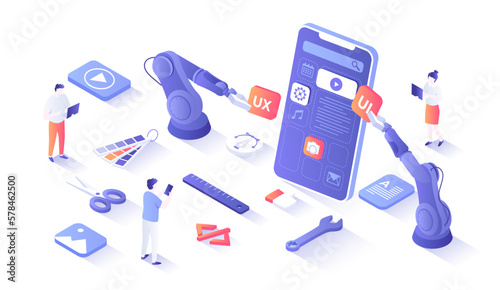 Mobile APP Development UI UX Design, SEO Optimization. Adaptive layout application web interface on smartphone screen. Isometry illustration with people scene for web graphic.