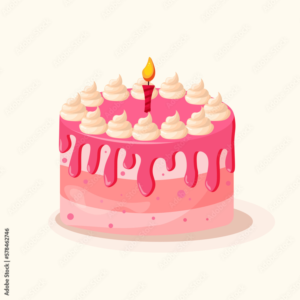 Birthday Cake. Cake with pink icing and a candle. Vector illustration in a flat style. Birthday Cake. Cake with pink icing and a candle. Vector illustration in a flat style.