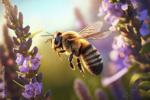 Bee close up flying near beautiful flowers, Generative AI