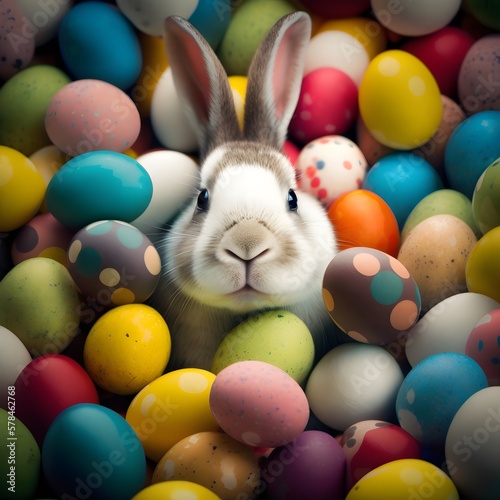 Easter bunny surrounded by the eggs , funny Easter rabbit in the colorful eggs.  AI generated.