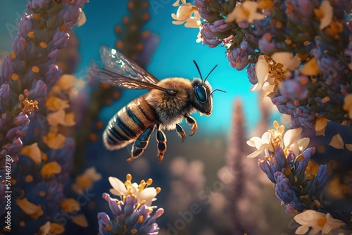 Bee close up flying near beautiful flowers, Generative AI