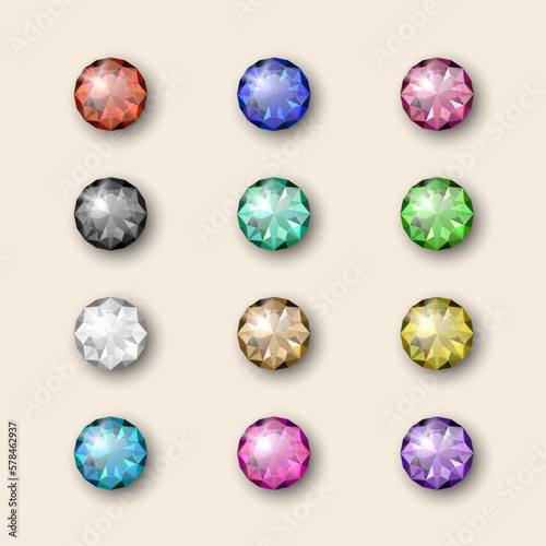 Vector Multi Colored 3d Realistic Transparent Round Glowing Gemstones  Diamonds  Crystals  Rhinestones Closeup Isolated. Jewerly Concept. Design Template