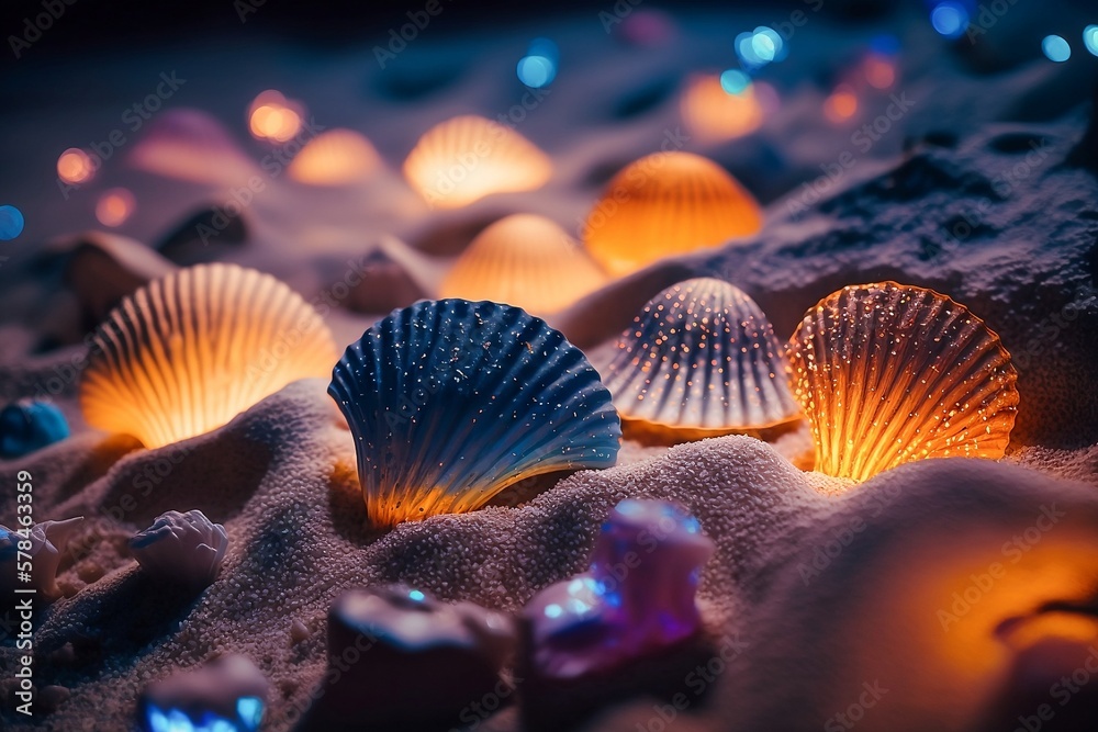 Close up of vibrant glowing scallop seashells. Sharp and detailed seashells. Generative AI Close up of vibrant glowing scallop seashells. Sharp and detailed seashells. Generative AI