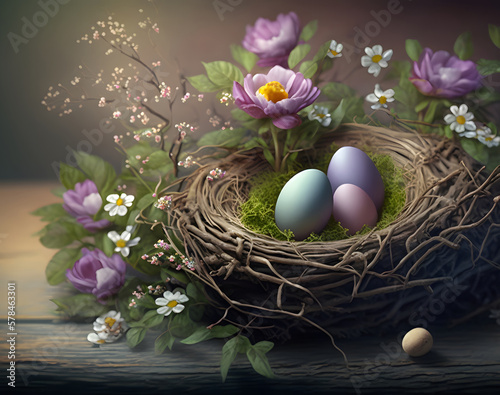 Easter eggs in bird's nest with flowers, beautiful spring card with nest and colorful eggs. AI generated.