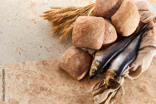 Canvas Print Catholic still life of five loaves of bread and two fish