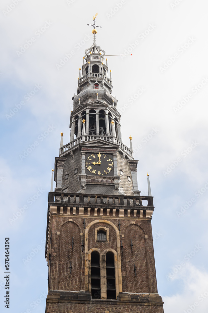 Old church tower (Oude Kerk) on the Oudekerksplein in the center of Amsterdam.