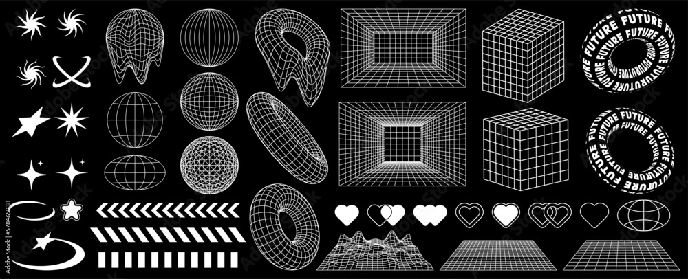 Rave psychedelic retro futuristic set in trendy y2k style. Surreal geometric shapes, and patterns, wireframe, cyberpunk elements and perspective grids, frame donuts, donuts with text.  - obrazy, fototapety, plakaty 