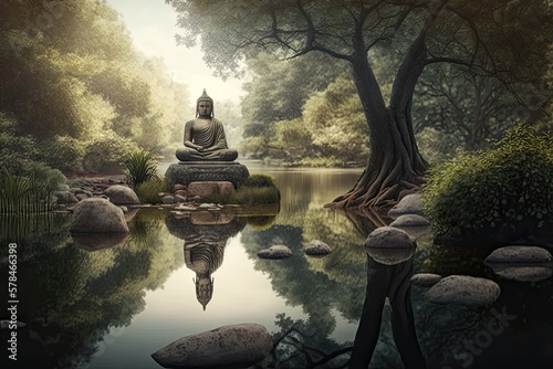 Mindful meditation in a peaceful setting. Serenity, relaxation, mental clarity, stress reduction, focus, breathing techniques, spiritual growth, self-awareness, mindfulness, meditation practice. AI © Кирилл Макаров